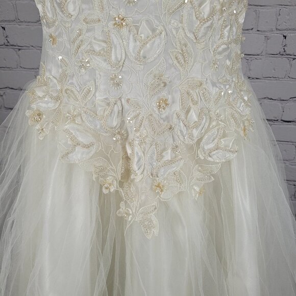 VTG Bonny Ivory Lace Beaded Embroidered Bodice Tulle Skirt Wedding Gown Dress 10 - Picture 8 of 16